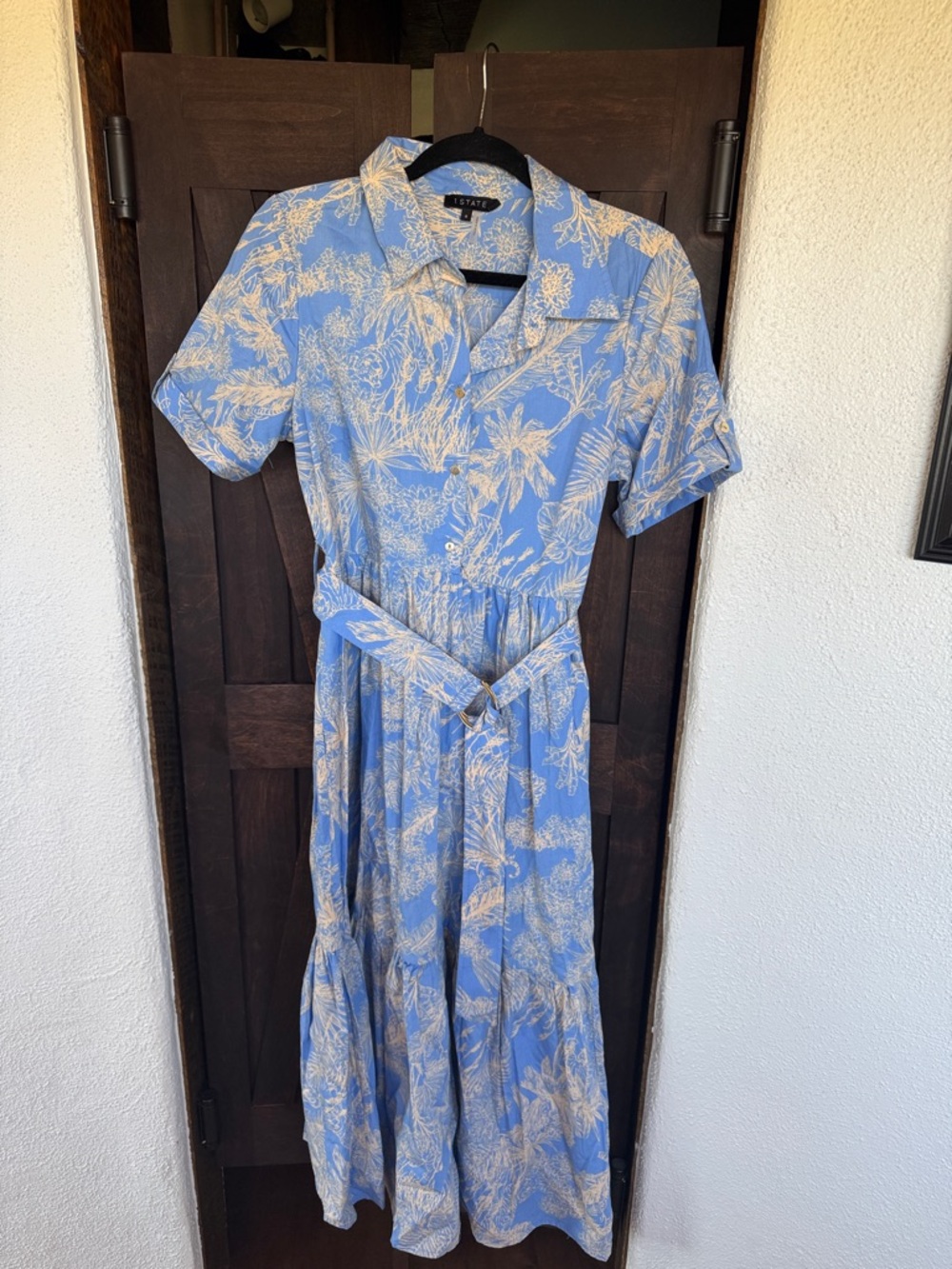 STATE Blue Tropical-Print Maxi Shirt Dress with Belt